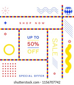 Modern Promotion Square Web Banners for Social Media Mobile Apps. Elegant Sale and Discount Promo Backgrounds with Abstract Pattern in de Stijl Style. Email Ad Newsletter Layout.