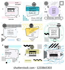 Modern Promotion Square Web Banners for Social Media Mobile Apps. Elegant Sale and Discount Promo Backgrounds with Abstract Pattern in Memphis Style. Email Ad Newsletter Layouts.