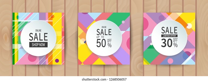 Modern promotion square web banners pack on wooden background. Abstract geometrical backdrop for social media mobile apps, sale and discount promo abstract patterns. Email ad newsletter layouts,poster