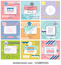 Banners Web modernos de Promoción cuadrada para aplicaciones móviles de medios sociales. Elegantes fondos promocionales de venta y descuento con un patrón abstracto en el estilo Memphis. Diseño de boletines publicitarios por correo electrónico.