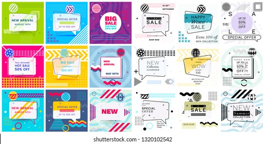 Modern Promotion Square Web Banners for Social Media Mobile Apps. Elegant Sale and Discount Promo Backgrounds with Abstract Pattern in Memphis Style. Email Ad Newsletter Layouts.