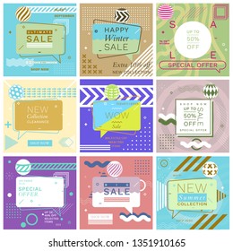 Modern Promotion Square Web Banners for Social Media Mobile Apps. Elegant Sale and Discount Promo Backgrounds with Abstract Pattern in Memphis Style. Email Ad Newsletter Layouts.