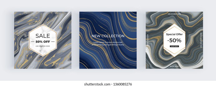 Modern promotion square web banners with liquid marble texture. Blue, black and golden glitter ink painting abstract pattern.  Templates for social media, card, banner, flyer, mobile apps.
