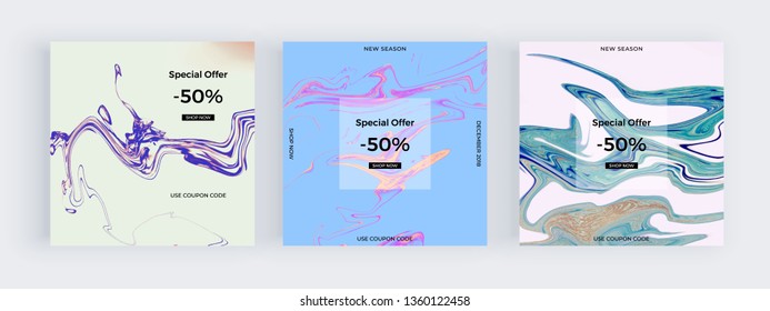 Modern promotion square web banners with liquid marble texture. Colorful ink painting abstract pattern. Templates social media, card, banner, flyer, mobile apps.
