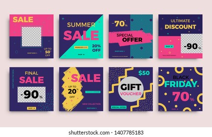 Modern promotion square web banners. Discount promo backgrounds layout. Multipurpose sale banner set for social media mobile apps and digital