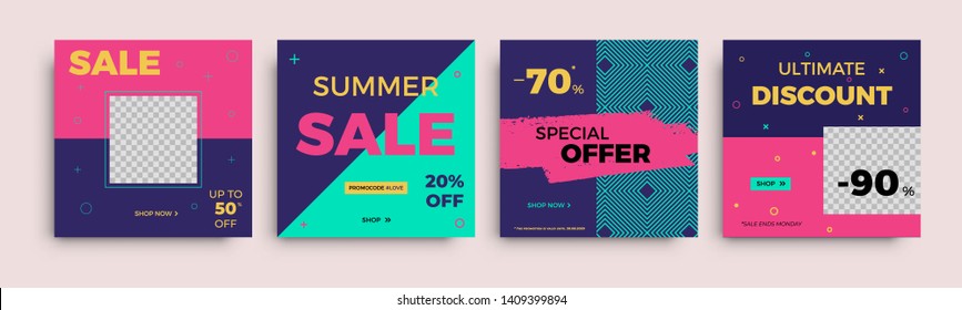 Modern promotion square web banners. Discount promo backgrounds layout. Multipurpose sale banner set for social media digital, mobile apps