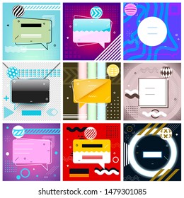 Modern Promotion Square Web Banners for Social Media Mobile Apps. Elegant Sale and Discount Promo Backgrounds with Abstract Pattern in Memphis Style. Email Ad Newsletter Layouts