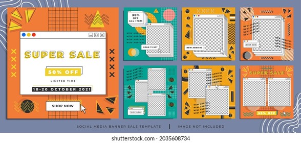 Modern Promotion Square Web Banners for Social Media Mobile Apps. Elegant banner Sale and Discount Promo Backgrounds with Abstract Pattern in Memphis Style