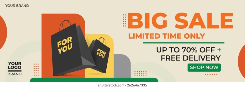 Modern promotional banner with bold big sale text, shopping bags, discount offer, and shop now button for marketing and advertising use.
