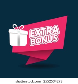 Design moderno de banner promocional com texto "EXTRA BONUS" com um ícone de caixa de presente estilizado. Design de etiqueta de bônus extra promocional moderno.