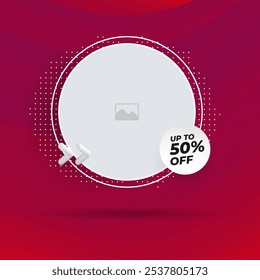 Modern promotional empty banner design with white large circular frame, on dynamic red gradient background