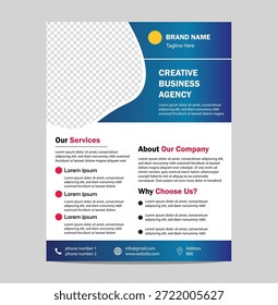 Design de panfleto promocional moderno para uso em várias plataformas. Um design de folheto promocional moderno desenvolvido para uso em várias plataformas, incluindo formatos impressos e digitais. O layout fornece seções de conteúdo claras para mensagens, visuais e detalhes de chamada para ação. A estrutura visual suporta legibilidade e engajamento em diferentes tamanhos de tela e formatos de impressão. Recursos personalizáveis permitem a adaptação para vários fins promocionais, mantendo uma aparência refinada.

Um modelo de folheto de negócios visualmente atraente e informativo projetado para uma agência criativa ou empresa de consultoria com um esquema de cores azul e azul escuro gradiente moderno um espaço reservado proeminente para uma imagem ou elemento gráfico e seções dedicadas a delinear informações da empresa de serviços e motivos para escolher o negócio tudo apresentado em um layout limpo e organizado com texto de espaço reservado pronto para personalização, tornando-o ideal para materiais promocionais e campanhas de marketing