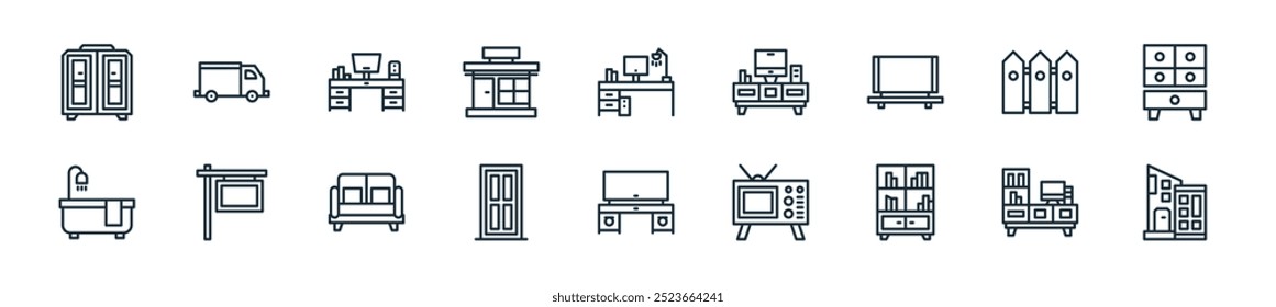 pacote de ícones de propriedade moderna. perfeito para projetos de ui lineares com construção vetorial, estante de livros, estantes de livros, tv, móveis de tv, porta, sofá e mais ícones para aplicativos móveis e web.