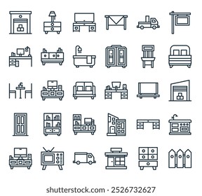 modern property icon pack. perfect for linear ui designs featuring vector fence, cupboard, store, delivery, tv and more icons.