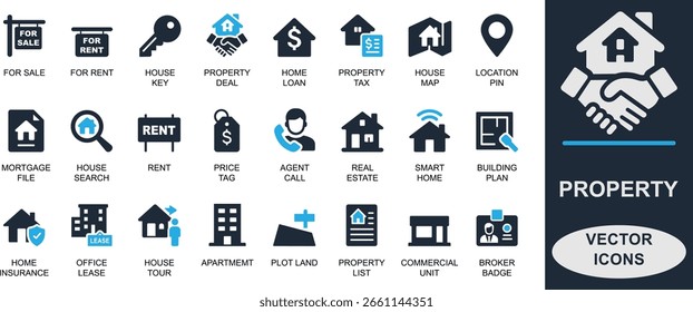Conjunto de ícones de propriedade moderna. Apresentando imóveis, aluguel, venda, hipoteca, casa, corretor, contrato, localização e busca de casa. Perfeito para aplicativos, Web e uso de interface do usuário.