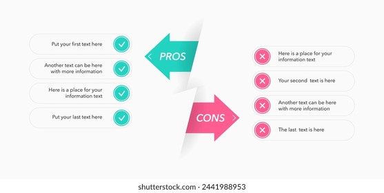 Modern pros and cons diagram with place for your content. Simple flat template for positive and negative comparison.