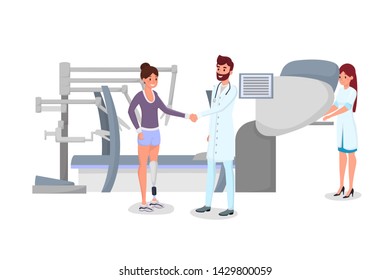 Modern prosthetics flat vector illustration. Happy doctor, surgeon and woman with artificial limb cartoon characters. Successful surgery, prosthesis installation, patient and physician shaking hands