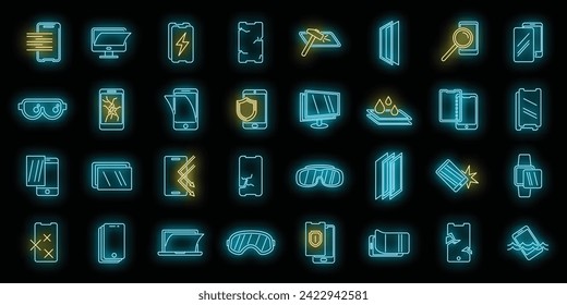 Modern protective glass icons set. Outline set of modern protective glass vector icons neon color on black