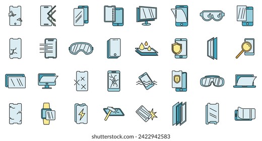 Modern protective glass icons set. Outline set of modern protective glass vector icons thin line color flat on white