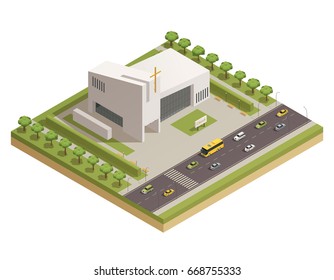 Modern protestant church white stone building with cross alongside busy motorway road isometric composition poster vector illustration  