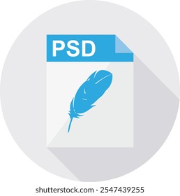 Um ícone de arquivo PSD moderno com um símbolo de pena, definido contra um círculo cinza elegante, perfeito para design gráfico e edição de temas.