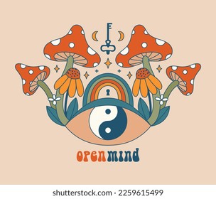 Modern psychedelic art. With illustrations of eye, yin yang symbol, mushrooms, rainbow, key, keyhole, moon, text "Open Mind". Hippie groovy clipart in flat style. 60's, 70's concept for card, poster.