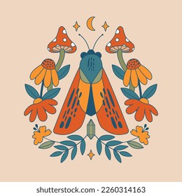 Modern psychedelic art. With illustrations of moth, mushrooms, butterfly, moon, flowers, plants. Hippie groovy esoteric clipart in flat style. 60's, 70's concept for card, poster, decoration.