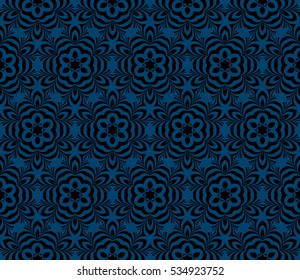 Modern psychedelic geometric pattern. Seamless vector illustration. Blue, black. For interior design, printing, wallpaper, invitations