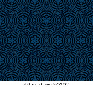 Modern psychedelic geometric pattern. Seamless vector illustration. Blue, black. For interior design, printing, wallpaper, invitations