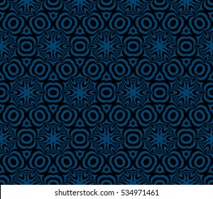 Modern psychedelic geometric pattern. Seamless vector illustration. Blue, black. For interior design, printing, wallpaper, invitations