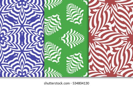 Modern psychedelic geometric pattern set. Seamless vector illustration. red, green, blue. For interior design, printing, wallpaper, invitations