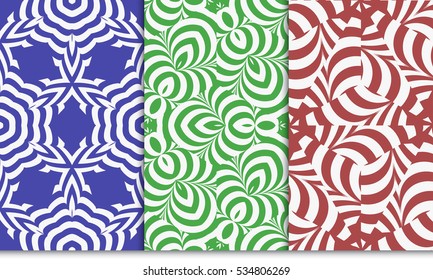 Modern psychedelic geometric pattern set. Seamless vector illustration. red, green, blue. For interior design, printing, wallpaper, invitations