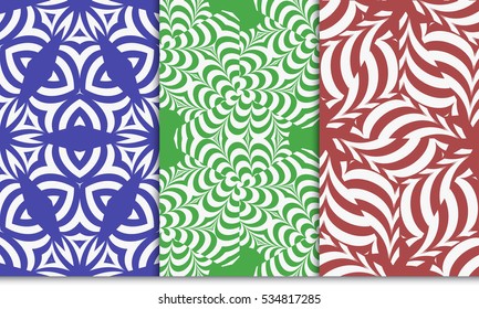 Modern psychedelic geometric pattern set. Seamless vector illustration. red, green, blue. For interior design, printing, wallpaper, invitations