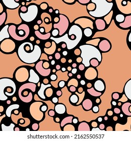 Modern psychedelic seamless pattern doodle texture background design. Circle element twiddle shapes print. Vintage freehand drawing fun design. Cartoon vibrant seamless pattern. Foam texture.