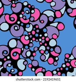 Modern psychedelic seamless pattern doodle texture background design. Swirl element curve shapes print. Trendy freehand drawing fun design. Cartoon vibrant seamless pattern. Wavy texture.