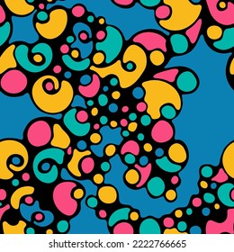 Modern psychedelic seamless pattern doodle texture background design. Swirl element curve shapes print. Hipster freehand drawing fun design. Cartoon sketch seamless pattern. Drop texture.