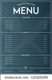 Modern pub style restaurant menu