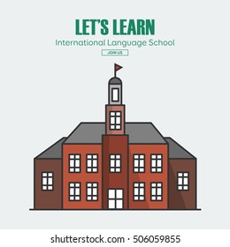 Modern public or private academy or university building, flat school building in big city. Education concept. Study place. Background for back to school poster, card, banner. Vector illustration.