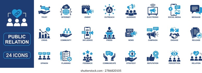 Modern public relation icon set in solid glyph style featuring press, audience, reputation, crisis communication, community outreach, media campaign, public engagement, message, influence, feedback, strategy, relation, news, communication, opinion, trust, perception, branding, social media, and public awareness symbols. Perfect for PR agencies, marketing campaigns, corporate communication, media platforms, event promotion, and business branding projects. Professional vector icon collection for public relations and communication concepts.