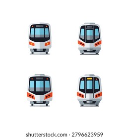 Modern public transit subway train front view icons. Four flat icons of modern white trains with orange accents and blue windows. Simple, clean front-facing perspective. Perfect for transportation apps or urban planning infographics.