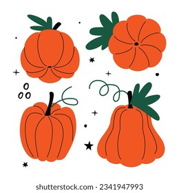Modern pumpkins in different angles.Set of orange vegetables drawn with a black line. Fruits with leaves and tendrils and doodle elements.Vector clip art collection isolated on white background.