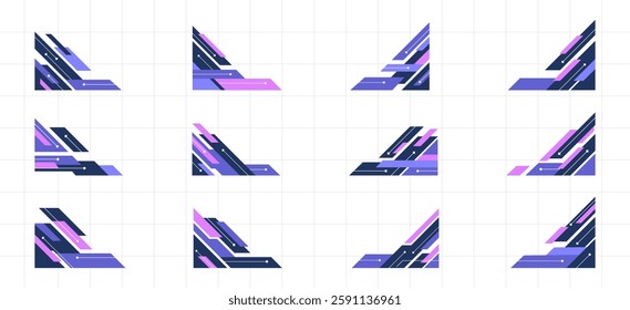Modern Purple Abstract Shape Border and Corner Frame Vector Set Collection. Decorative Elements Corners, Borders, and Frames. Futuristic Shape for Banners, Certificates, Invitations, and Covers Design