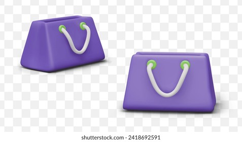 Modern purple bag for females with white handles. Paper shopping bag compositions