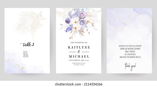 Modern purple and beige trendy vector design frames. Pastel pampas grass, fern, white peony, magnolia, purple rose, orchid, hyacinth. Watercolor brush texture. Wedding boho card. Isolated and editable