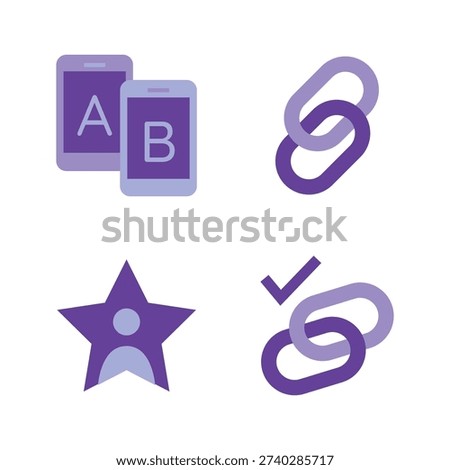 Modern purple flat icons for mobile testing, hyperlink building, and star rating optimization.