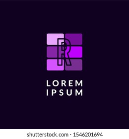 modern purple flat squares simple R logotype creative digital design concept isolated on dark purple background.
