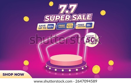 Modern purple gradient 7.7 super sale banner with neon podium, floating coins, bold text, and discount highlights. Ideal for e-commerce websites and online promotions.