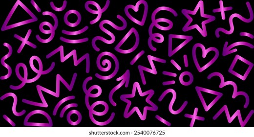 Modern purple gradient abstract background. Glowing simple basic shapes set: star, arrow, triangle, circle, heart, zigzag, spiral, wavy lines. Trendy Memphis geometric pattern, retro 80s, 90s style.