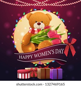 Modern purple greeting postcard to the women's day with Teddy bear with a bouquet of tulips