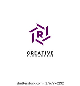 concepto de diseño de logotipo R hexagonal moderno púrpura